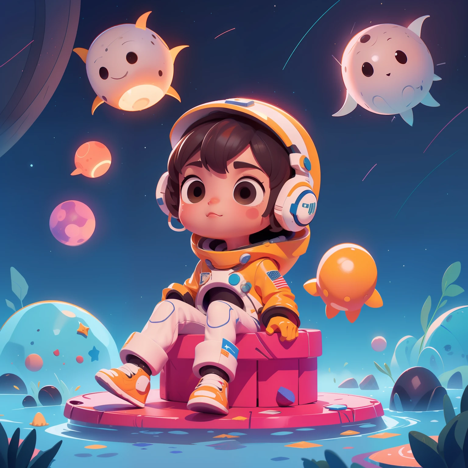 3dcharacter, vestimentas, (fully body: 1.2), simple background, Masterpiece artwork, best qualityer, (gradient background: 1.1), 1man, Draw a young astronaut, white space suit helmet with visor, sitting on a research platform floating in the middle of a belt of asteroids and stars