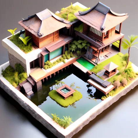 photo, a model of a cyberpunk balinese style house with a pond