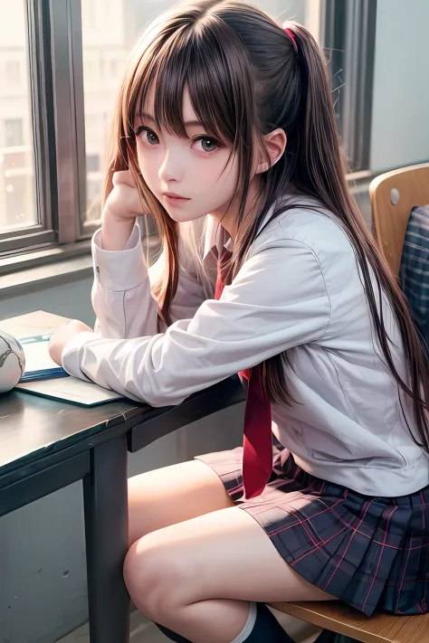 anime girl sitting on a desk with her legs crossed, seductive anime girl, hyperrealistic schoolgirl, a hyperrealistic schoolgirl...