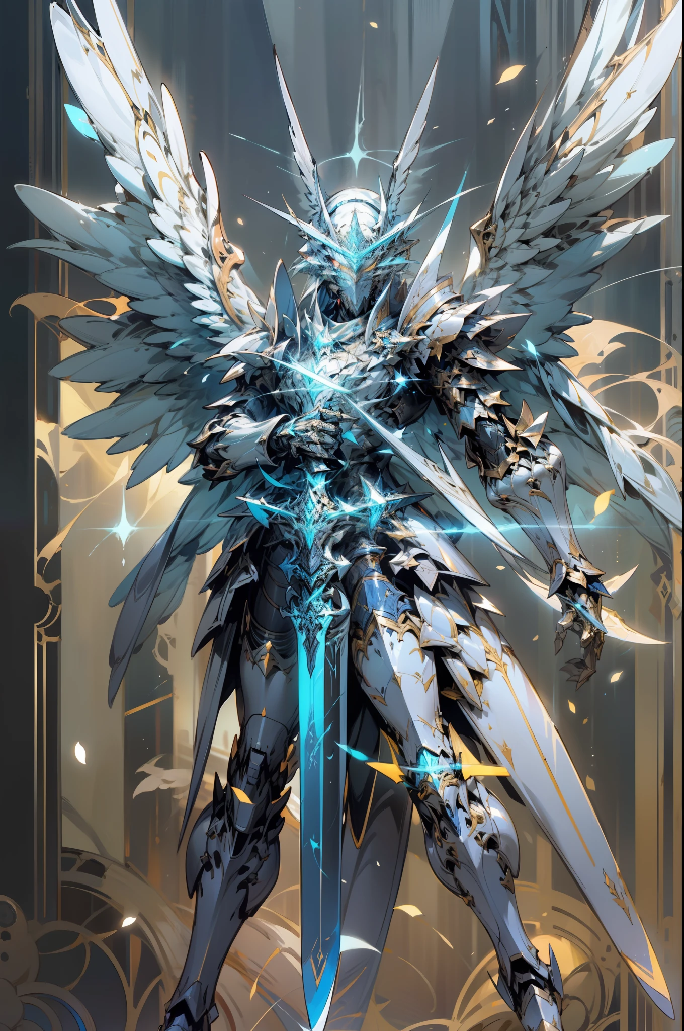 Arad image of a robot with wings and holding a glowing blue elegant symmetrical sword, from Ark Night, Armor Angel with Wings, Ark Night, glossy white armor, Archangel, Alexander Fira white mech, Raymond Swanland style, white armor, albedo of anime overlord, gunnier, detailed white armor, mecha wings