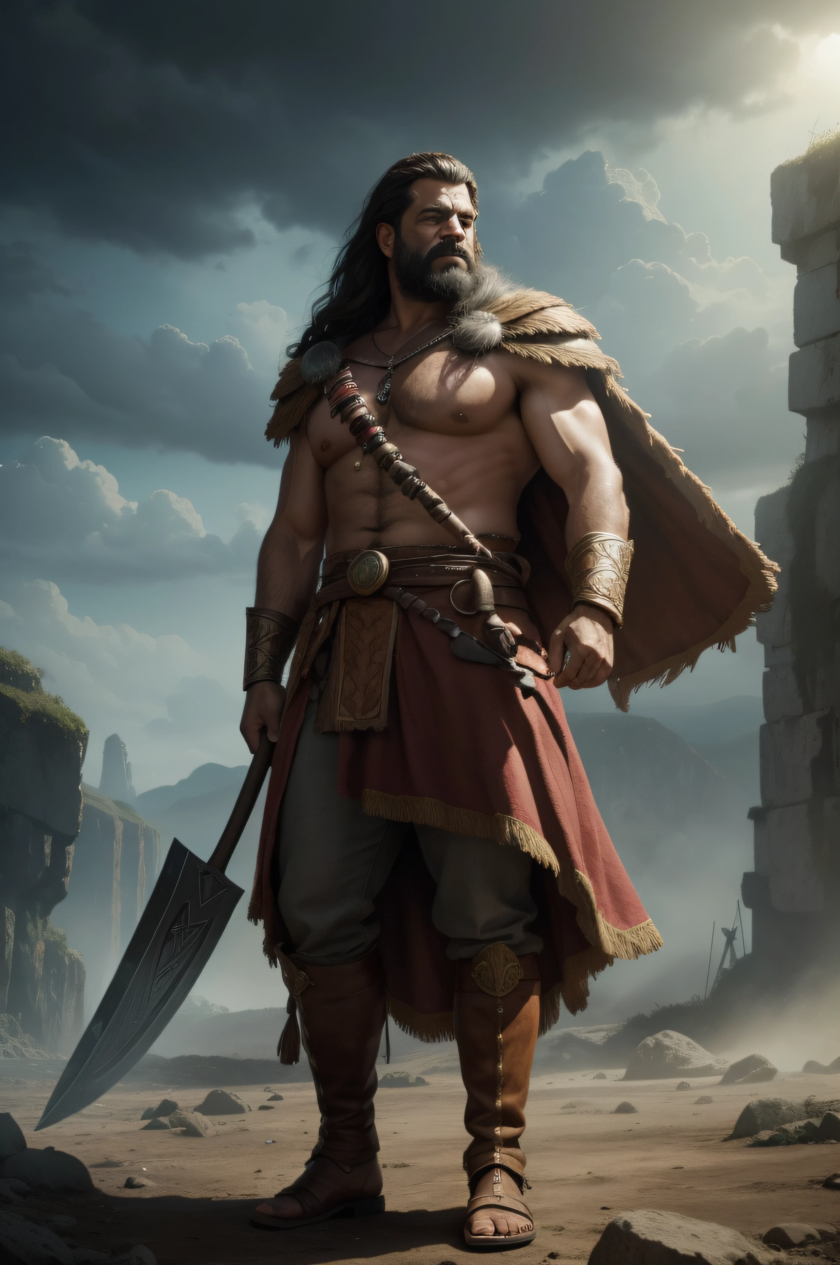 A barbarian king in his forties with an axe, corpo inteiro, fundo neutro, olhando para o horizonte como se estivessem prestes a entrar em batalha. With the camera at ground level, This is a digital illustration, with cinematic lighting, Ultra HD | |, 4D, fotorrealista, fantasia, emotional expression, Romantic Costume, criado usando software de pintura digital em um estilo realista. The illustration has high resolution, dramatic lighting, e uma atmosfera intensa, resembling a cinematic reference. Art is a mix of media tools, featuring a surreal style with medium resolution and warm lighting, criando uma atmosfera sonhadora e fantasiosa.(Directed by: Jean Dubuffet)