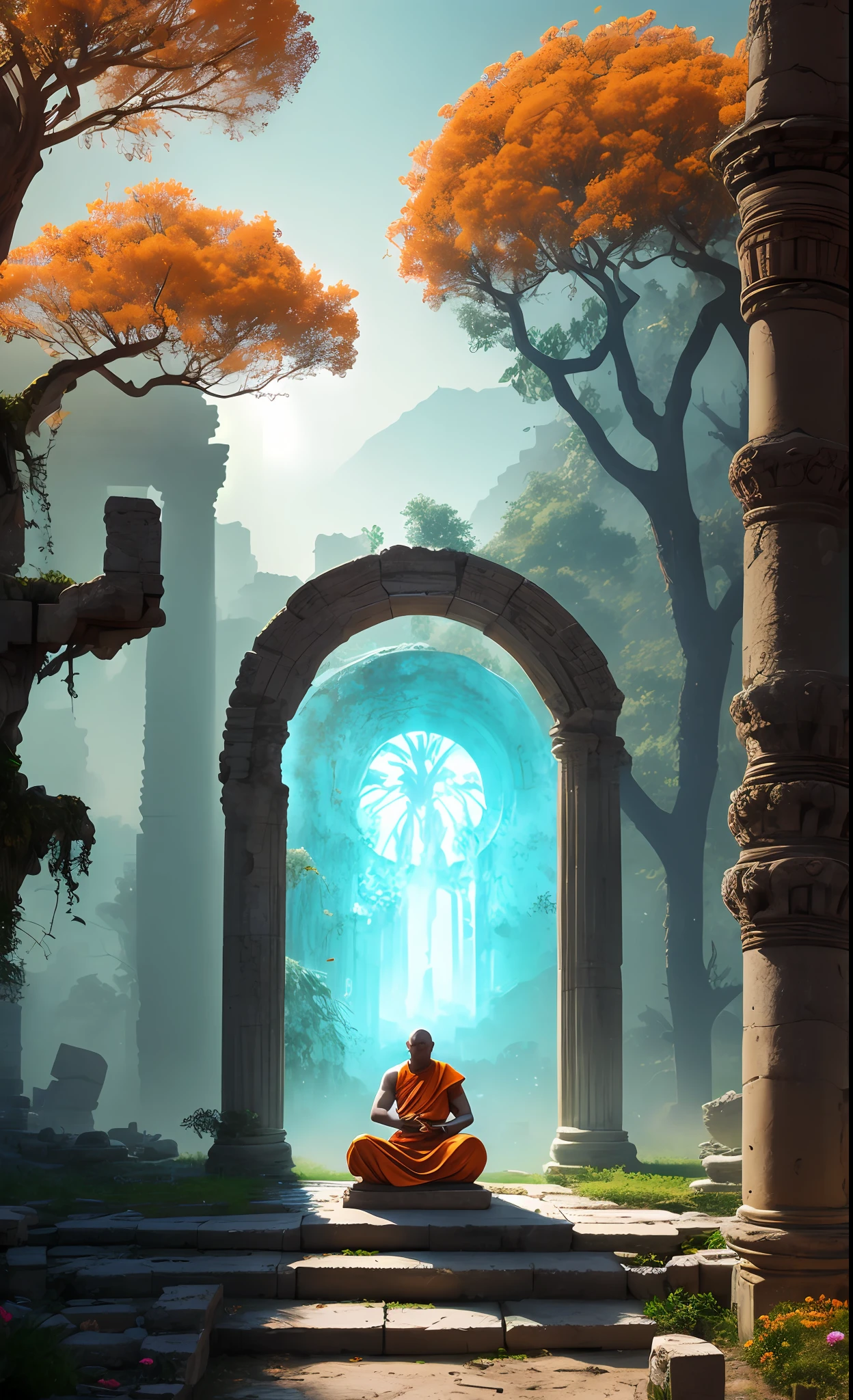 A monk sits among ancient ruins: shining portal in the center covered with flowers, ruins of ancient civilizations, orange trees on the sides, forest, water near the steps, stones floating in the air, turquoise light, cyberpunk