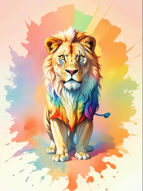 centered art for t-shirts, lion looking at the horizon, realistic effect, pastel colors, explosion of paints, ((centered art)),
