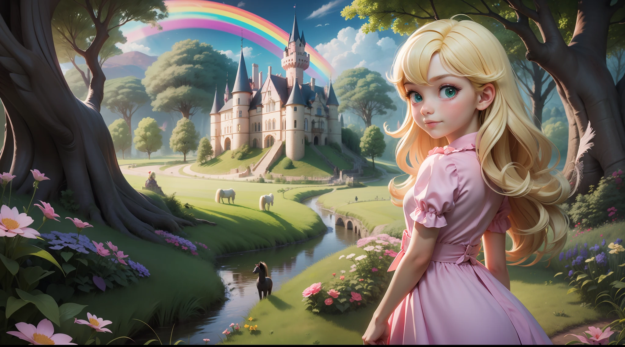 "Une petite fille de 6 ans, blonde et yeux verts, dans une simple robe rose, avec elle dos au spectateur, regarder un monde fantastique, champs verdoyants, bois sombres, poneys ailés, arcs en ciel, château en arrière-plan."