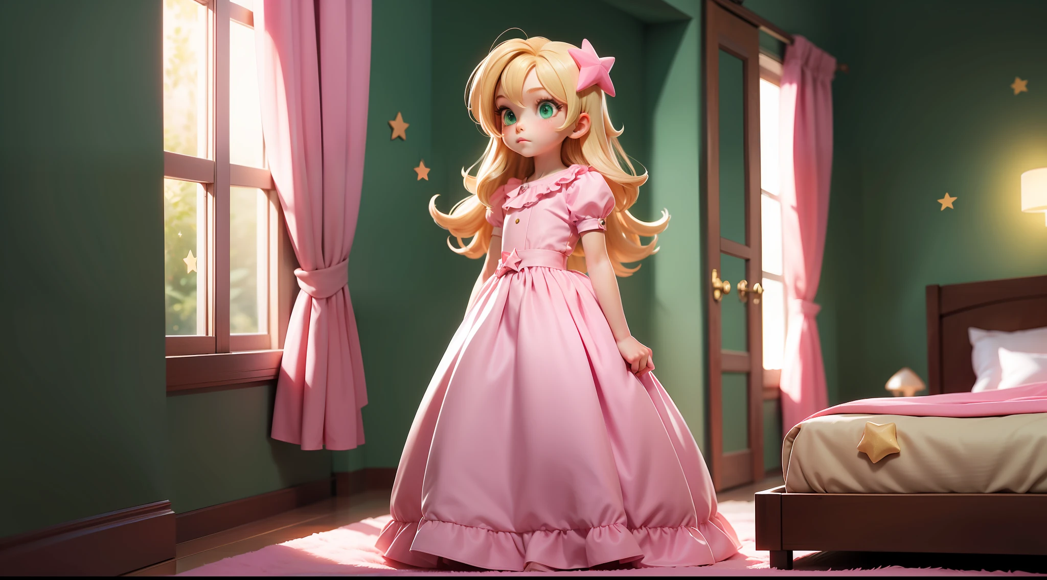 "A little 6-year-old girl, blonde and green-eyed, simple pink dress, standing, full body, in profile to the viewer, looking at the bed, inside the room, stars floating inside the room, bed in the background, intense glow under the bed."