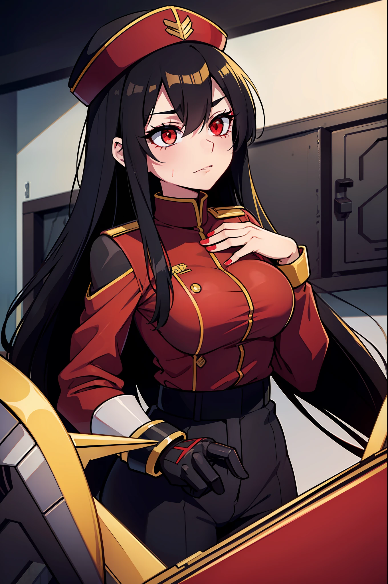 a woman with long, black hair with bright lifeless red eyes with a symbol in X anime wearing a black military cap with gold accents with a red uniform with black with an insane half robot face with bruise in mouth, uniforme preto com detalhes em cinza e roxo