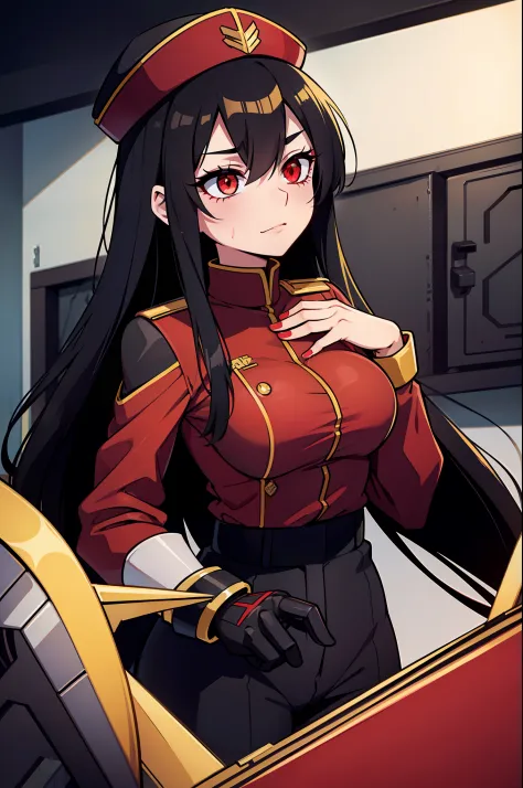 a woman with long, black hair with bright lifeless red eyes with a symbol in X anime wearing a black military cap with gold acce...