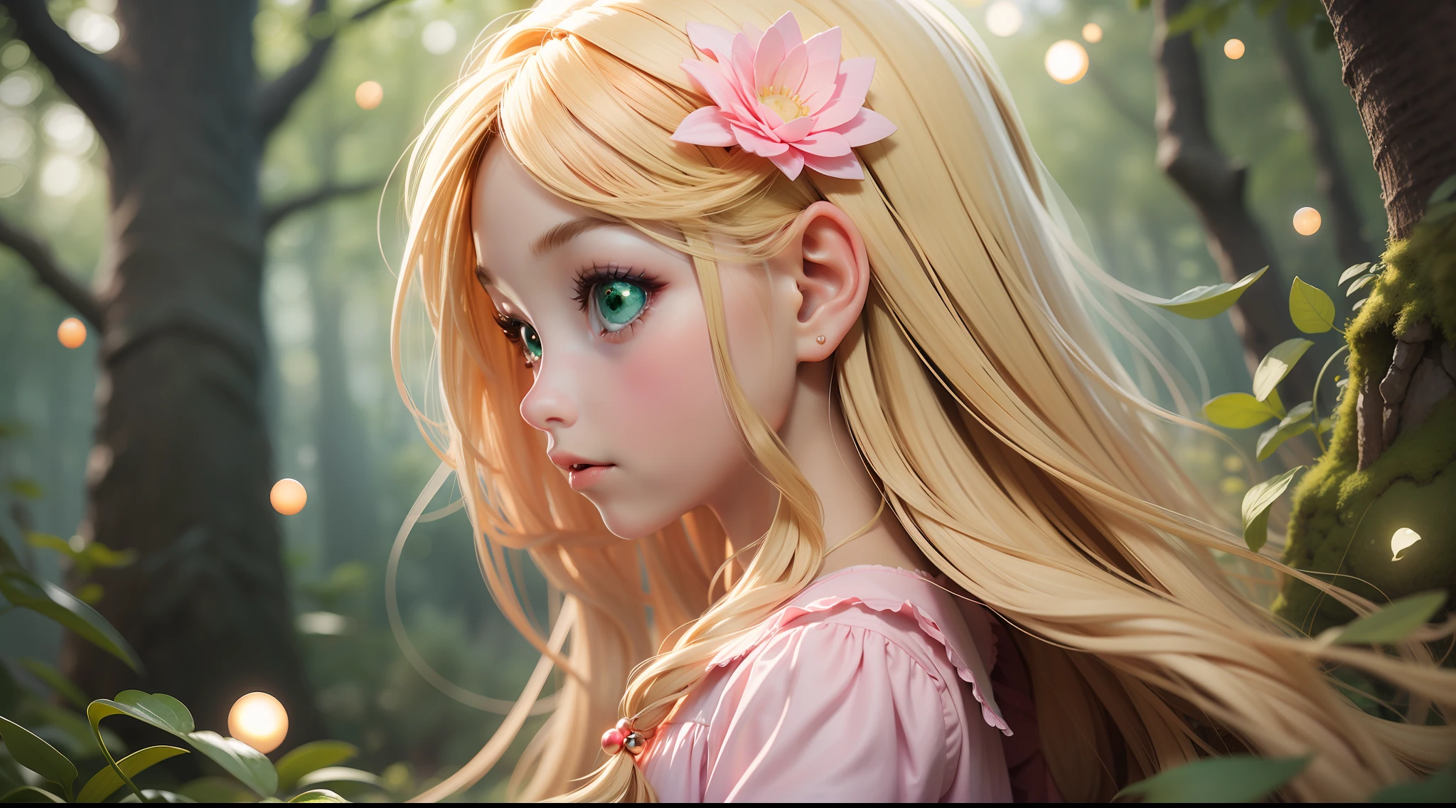 "A little human girl, , long blonde hair, beautiful green eyes, simple pink dress, in profile to the viewer, looking at a bright fairy, enchanted forest in the background, small floating glowing spheres."