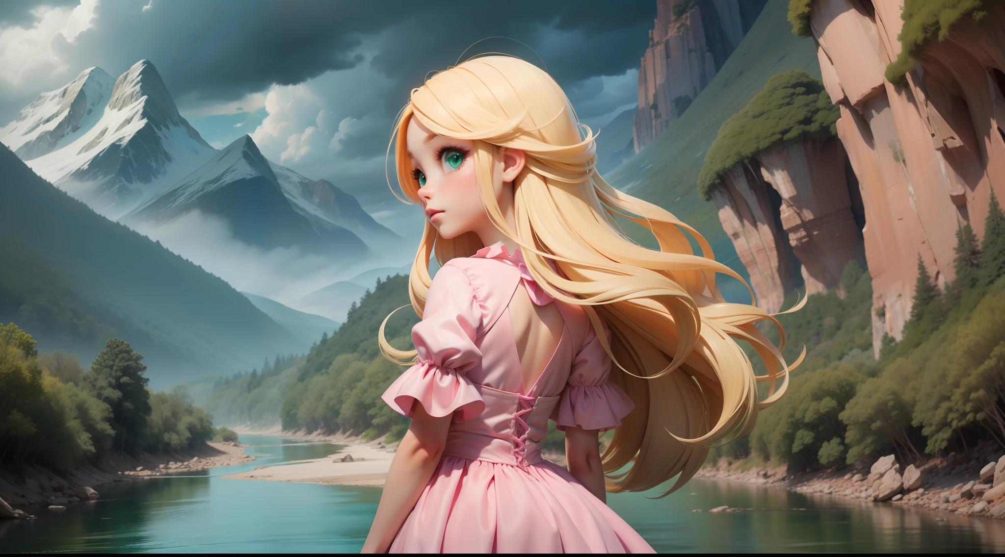 "Little human girl, , long blonde hair, beautiful hair, GREEN EYES, SIMPLE PINK DRESS, LOOKING AT THE RIVER, river of bright waters, fluorescent water, with her back to the viewer, high mountains, storm clouds, BRIGHT RIVER."