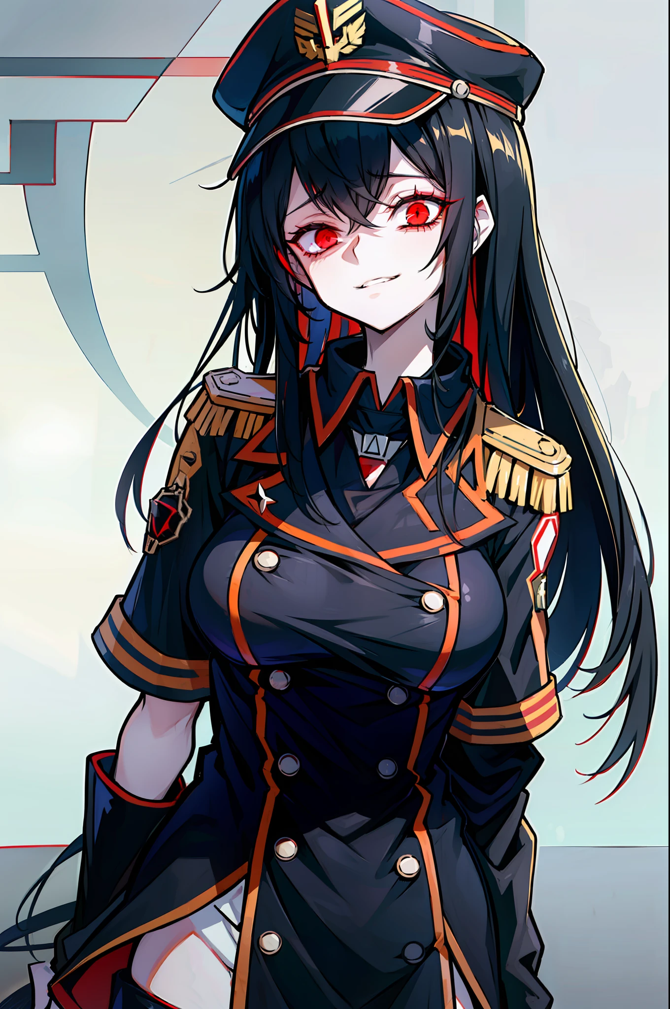 a woman with long, black hair with bright lifeless red eyes with a symbol in X anime wearing a black military cap with gold accents with a red uniform with black with an insane half robot face with bruise in mouth, uniforme preto com detalhes em cinza e roxo