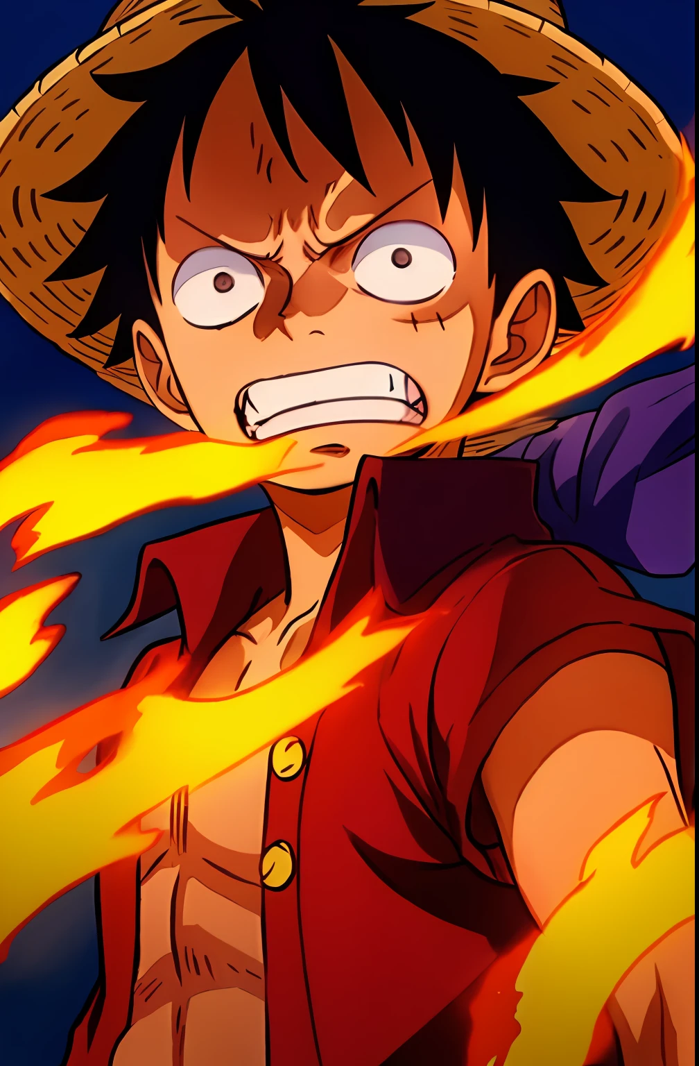 1boy, wanostyle, monkey d luffy, angry looking, straw hat, looking at viewer, solo, upper body, (((masterpiece))), ((best quality)), (extremely detailed), watercolor, illustration, depth of field, sketch, dark intense shadows, sharp focus, soft lighting, hdr, colorful, good composition, fire all around, spectacular, closed shirt, anime screencap