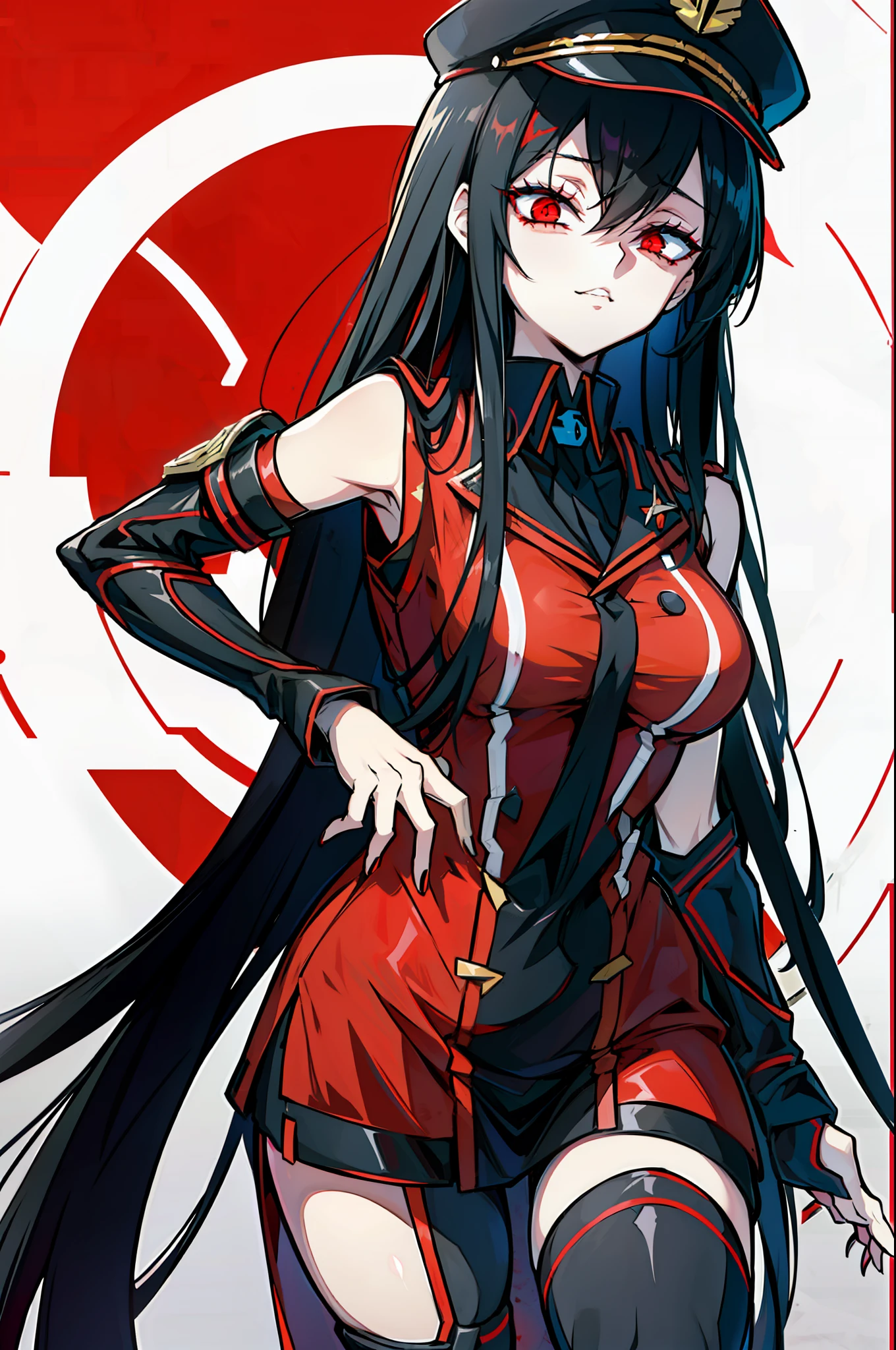 a woman with long, black hair with bright lifeless red eyes with a symbol in X anime wearing a black military cap with gold accents with a red uniform with black with an insane half robot face with bruise in mouth, uniforme preto com detalhes em cinza e roxo