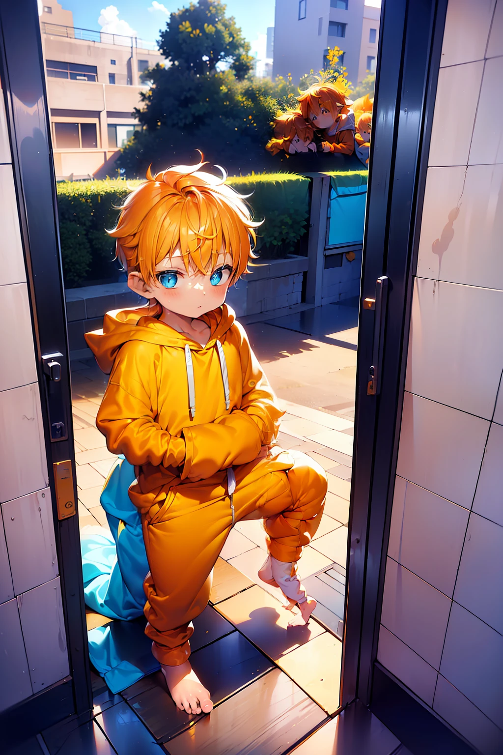 1 Little boy with Orange colored hair and shiny, glowing cyan eyes and barefoot and small feet, who wear a yellow oversized hoodie and sweatpants, die auf einem Fenstersims sitzen, flush, Jung, Junge, Kind, klein, , tiny feet, (Jogginghose:1.4), (Jung:1.4), (Kind:1.4), (Shota:1.4), (Kapuzenpullover:1.4),