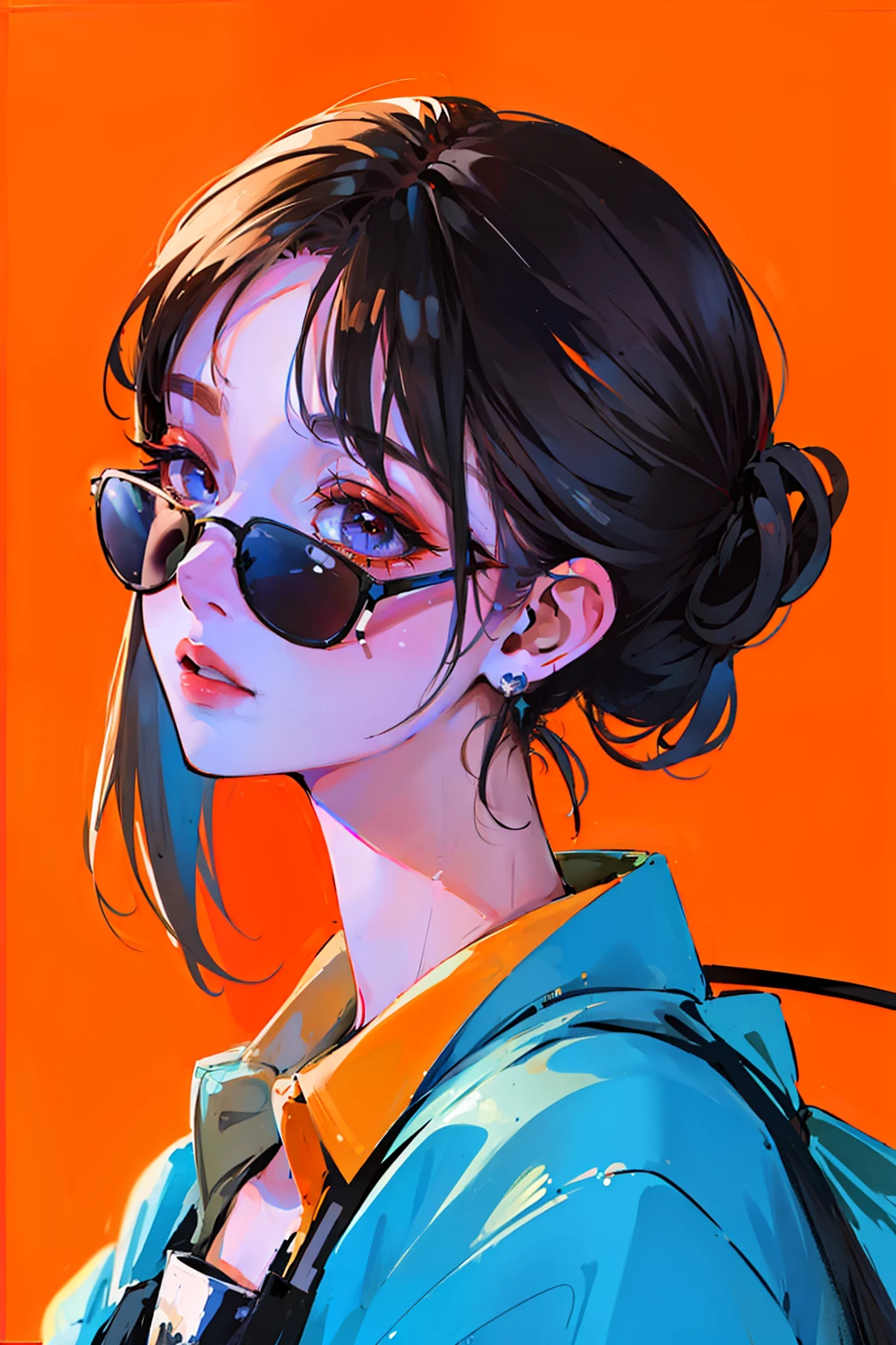(Portraits:1.4), (masterpiece:1.2, best quality:1.2), from above, upper body, 1girl, Look up, face focus, extremely detailed face, extremely detailed eyes, good-looking, make up, finger on lips, sunglasses, fashion wear, earrings,