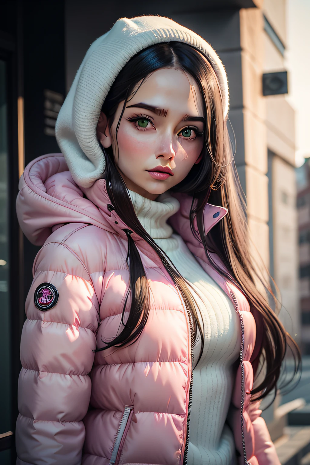 create a realistic woman with white skin, slightly rounded face, long straight black hair, green eyes. Wearing a pink puffer coat.