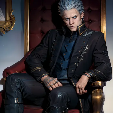 "1 homme, Adolescent de 20 ans, Dark blue wide collar, hair slicked back, Sparkling blue eyes, serious expression, sitting on a ...