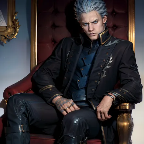 "1 homme, adolescent de 20 ans, dark blue wide collar, hair slicked back, sparkling blue eyes, serious expression, sitting on a ...