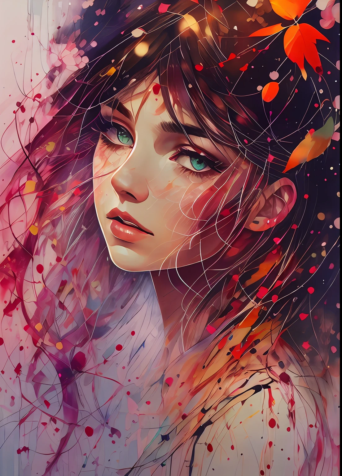 una mujer de agnes cecile, diseño luminoso, colores pastel, gotas de tinta, luces de otoño