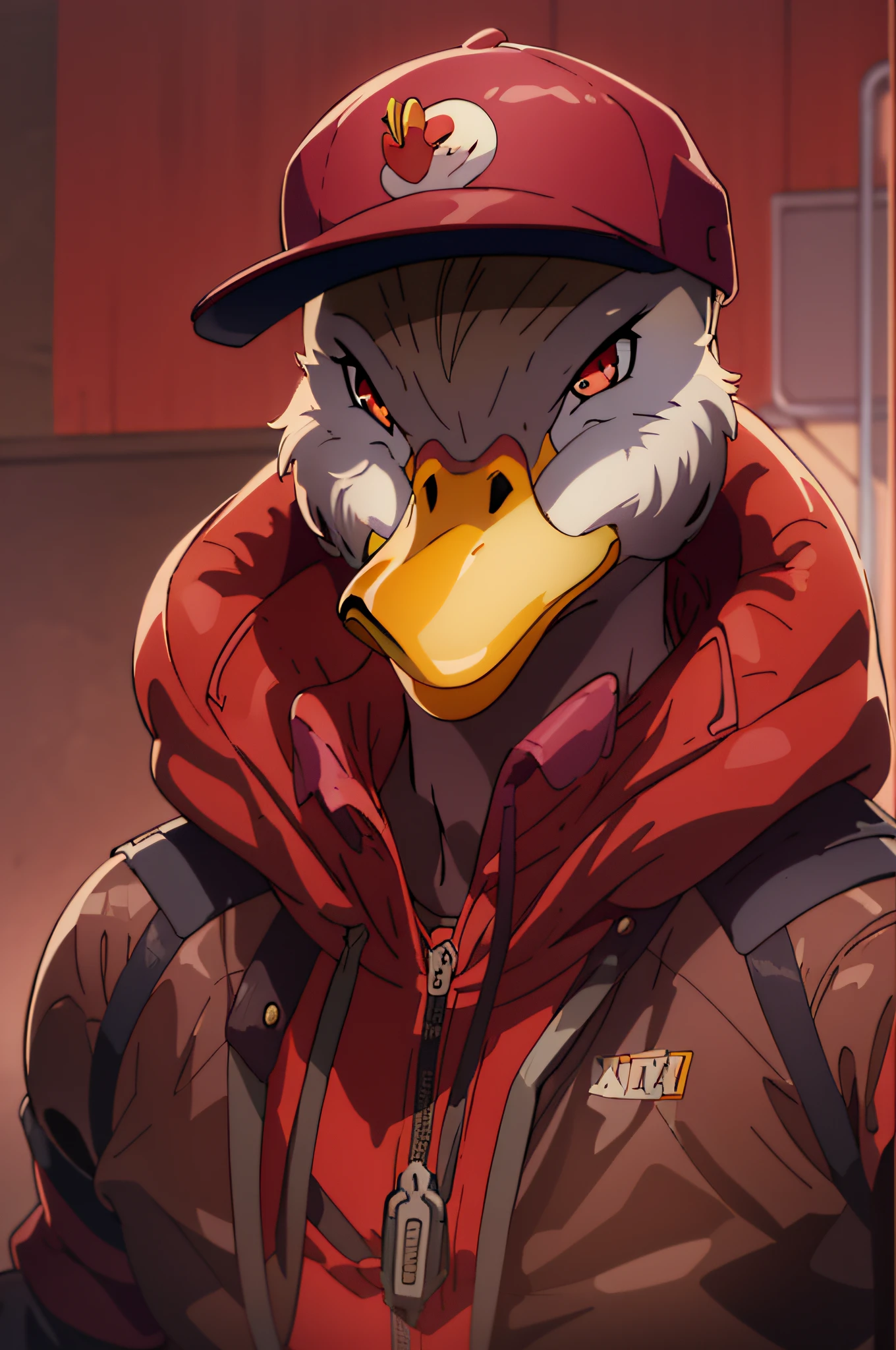 A closeup of a duck man in dark red jacket and red cap, Como um personagem de anime, Retrato depatolino, An anthropomorphic duck, como personagem de overwatch, patolino, Duck usando roupas estilosas, patolino, Pato Arte