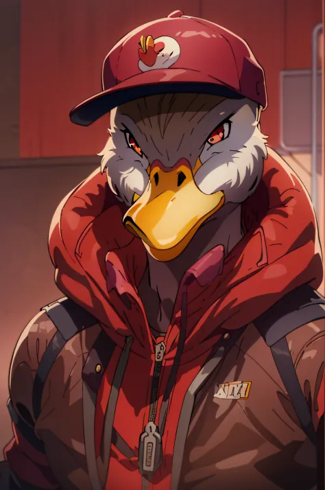 A closeup of a duck man in dark red jacket and red cap, Como um personagem de anime, Retrato depatolino, An anthropomorphic duck...