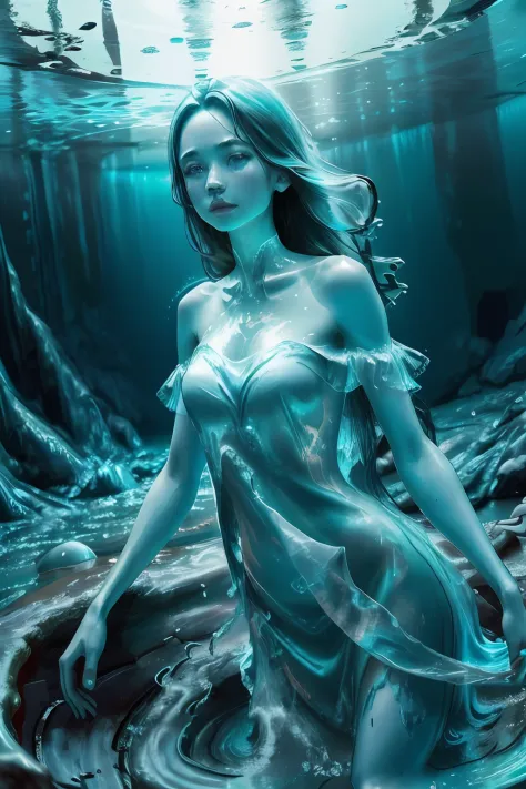 Beautiful girl , (girl by Fullwater:1), (liquid body, liquid, water, blue skin: 1), in waterfall, fantasy background, blue light...