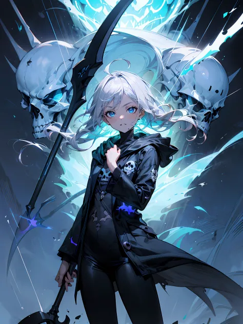 hyper super ultra detailed perfect piece, illustration, Scary face, ((Intimate dark blue mist background), (scythe), ((Solo)), (...