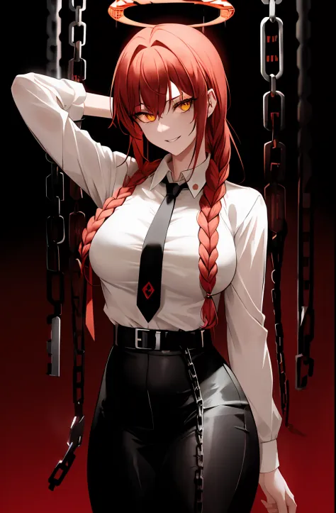 masterpiece, best quality, makima \(chainsaw man\), ultra detailed, 1girl, solo, standing, red hair, halo over her head ,a lot blood on her face , badass , cyberpunk,  long braided hair, golden eyes, bangs, medium breasts, white shirt, necktie, stare, smil...