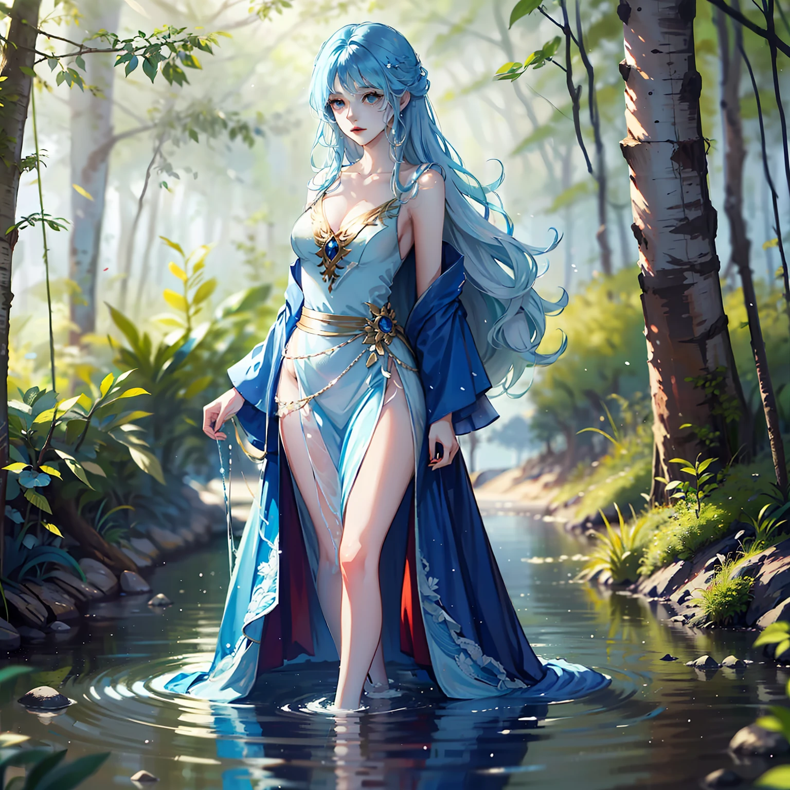 mujer, Hermoso, pelo azul, usando un vestido largo azul, pelo largo, sagrado, misterioso, caminar sobre el agua, en el bosque, alone, mujer whose body made of water