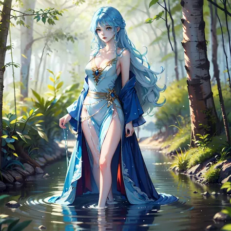 woman, beautiful, blue-haired, wearing long  blue dress, long-haired, sacred, mysterious, walking on water, in the forest, alone...