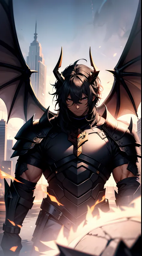 a strong black skinned guy wearing a black armor with dragon horns and dragon wings
