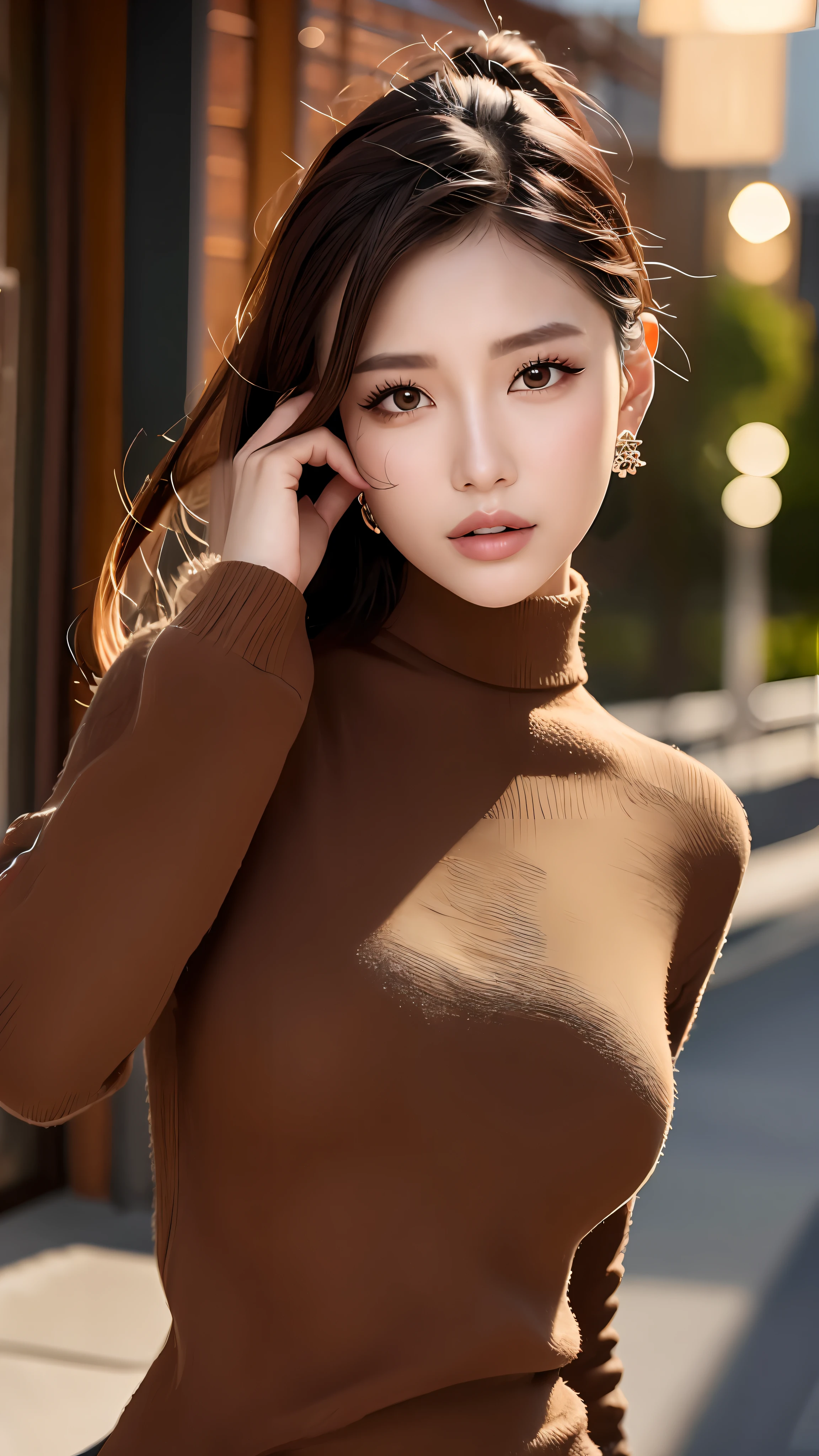 (goddess-like happiness:1.2), Kpop idol, 20 years old, brown eyes, ponytail, (RAW photo:1.2), (photorealistic:1.4), (masterpiece:1.3), (intricate details:1.2), delicate, beautiful detailed, (detailed eyes), (detailed facial features), (turtleneck sweater), , small breasts, narrow waist, (looking_at_viewer:1.2), big circle earrings, slim_legs, (skinny), (best quality:1.4), (ultra highres:1.2), cinema light, outdoors, (extreme detailed illustration), (lipgloss, eyelashes, best quality, ultra highres, depth of field, caustics, Broad lighting, natural shading, 85mm, f/1.4, ISO 200, 1/160s:0.75), dynamic pose,