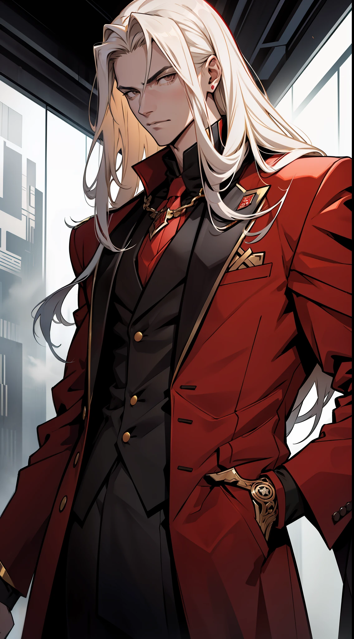 長い金髪の背の高い10代の少年  , 黒と白のディテールが施された悪役風の長い赤いスーツを着ている , 穏やかな顔を見つめる