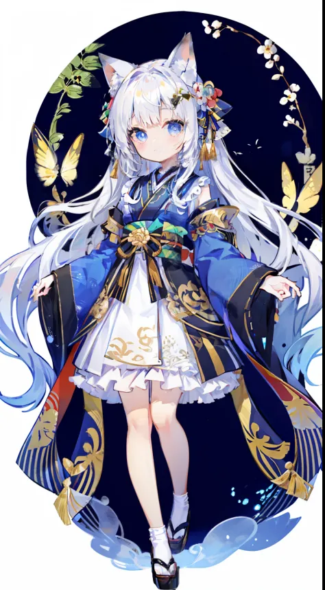 Standing Picture、full bodyesbian、cute little、​masterpiece、top-quality、Top image quality、white  hair、Long、kimono、Kimono Dresses、b...