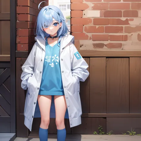Anime style、女の子1人、full body Esbian、expressionless face、{hairstyle on:(Twin-tailed),(one eye covered),(Cover your right eye),(blue hairs),(Ahoge)},blue eyess,light blue cardigan,White inner shirt,jeans,Blue sneakers,facing front,to stand,