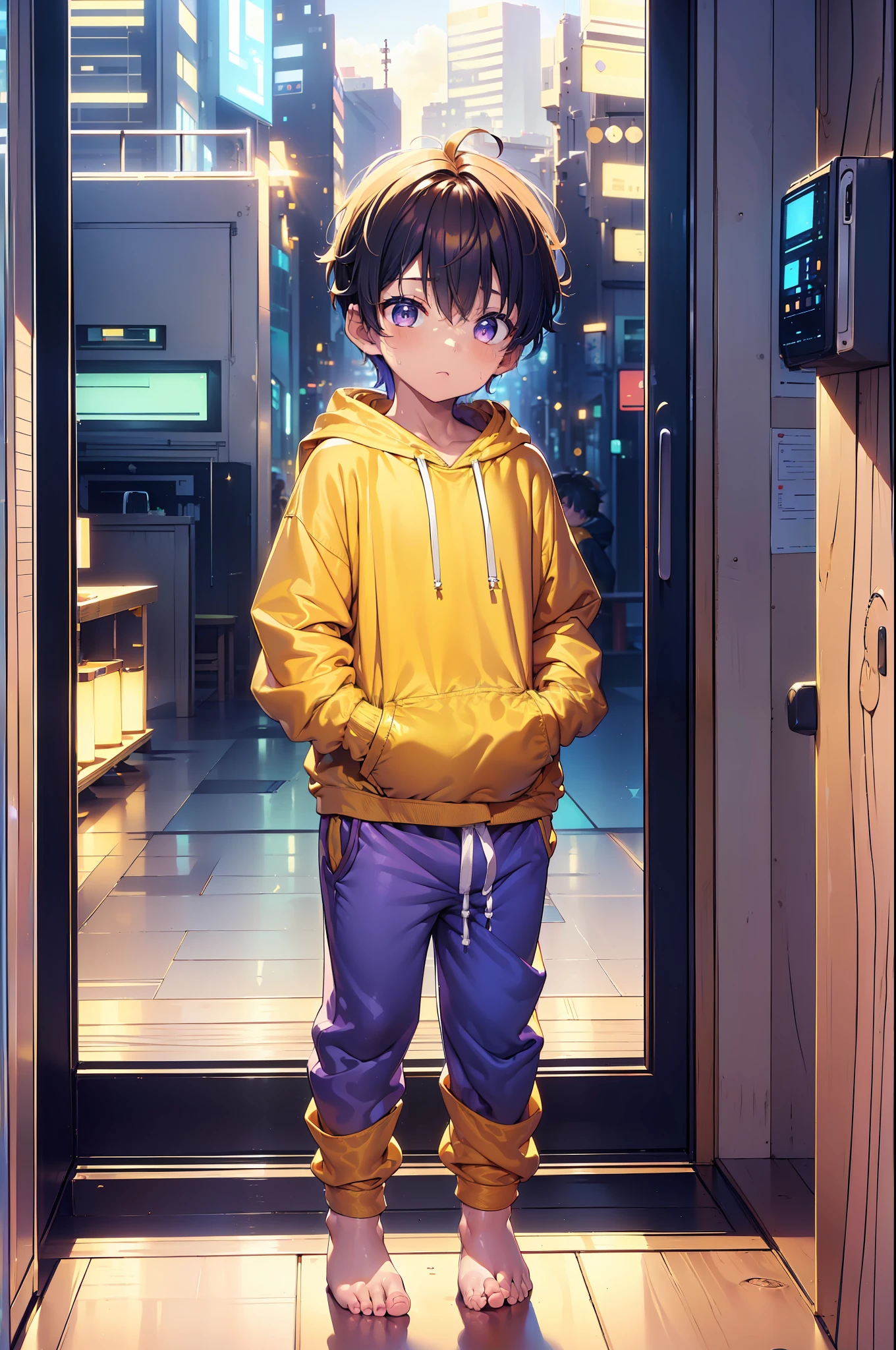 2 Little boys with golden colored hair and shiny, glowing purple eyes and barefoot and small feet, who wear a yellow oversized hoodie and sweatpants, die auf einem Fenstersims sitzen, flush, Jung, Junge, Kind, klein, Kleinkind, tiny feet, (Jogginghose:1.4), (Jung:1.4), (Kind:1.4), (Shota:1.4), (Kapuzenpullover:1.4), (standing on tiptoes:1.4)