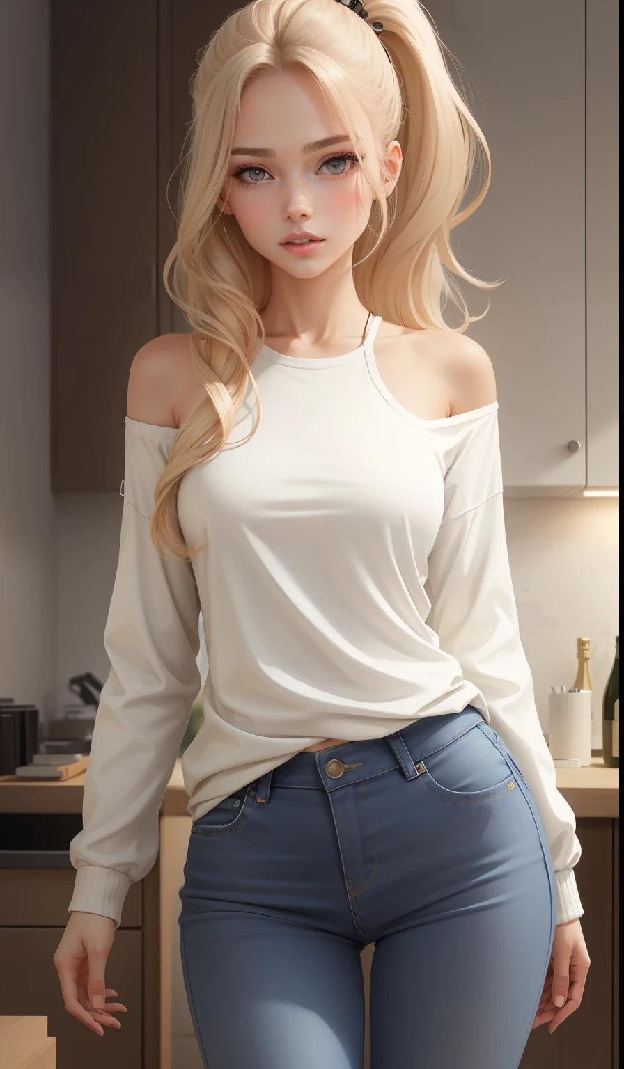 a woman in a casual clothing, white long sleeve T-shirt and jeans ,converse shoes, 17 years old, adult face, shoulder length slightly wavy hair, ((champagne coloured hair)) and gleaming detailed vibrant hazel eyes, slim frame, medium breasts, long legs, beautiful face, medium butt size, small feet size, small hand size, perfect hands, scary face, beautiful face, pretty face, hot woman, British woman, cream skin, small soft pink lips , small to medium breast size, sharp features, slim hourglass figure, ashen hair, ponytail hair style