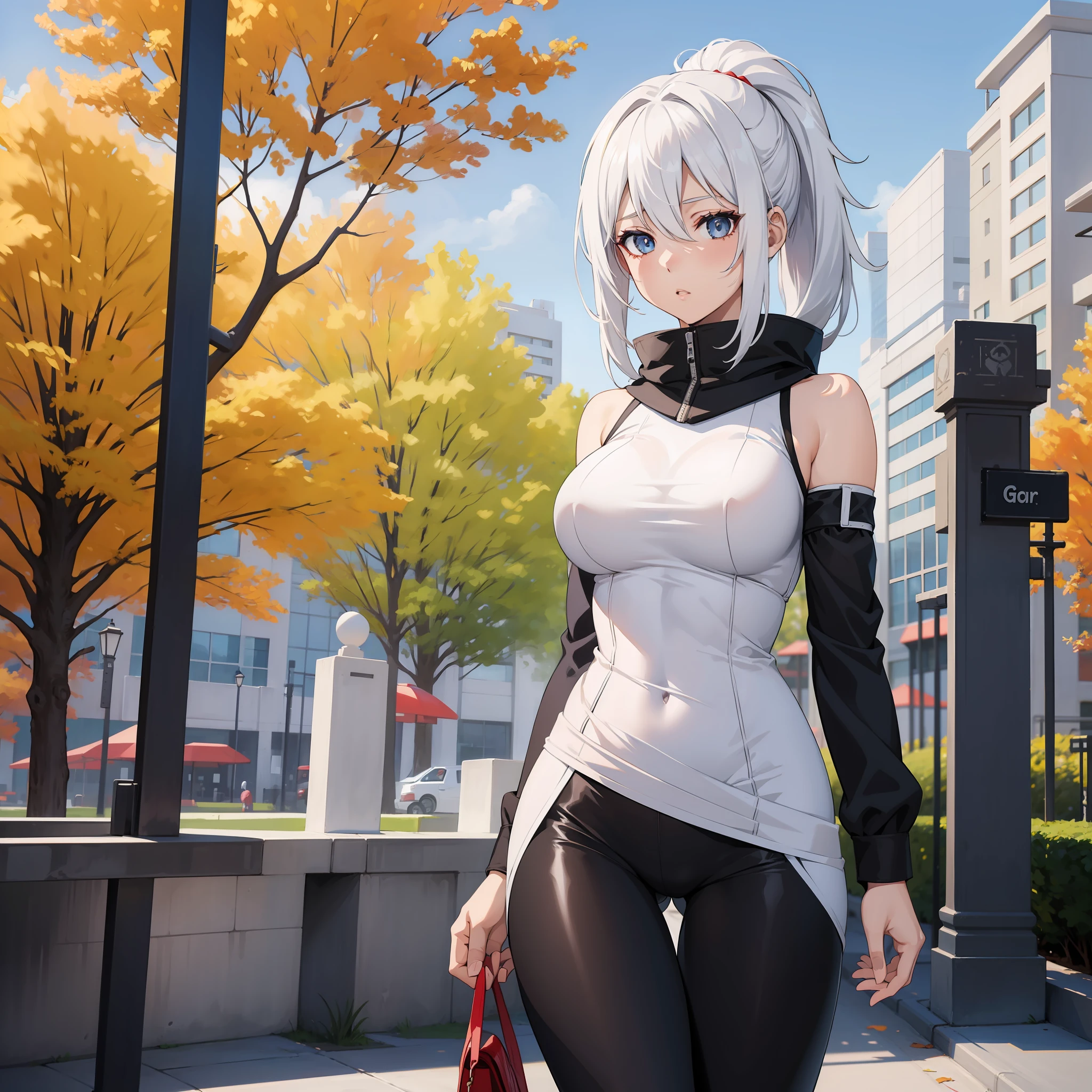 anime Frau, weißes Haar, Gamaschen, Park, sexy,