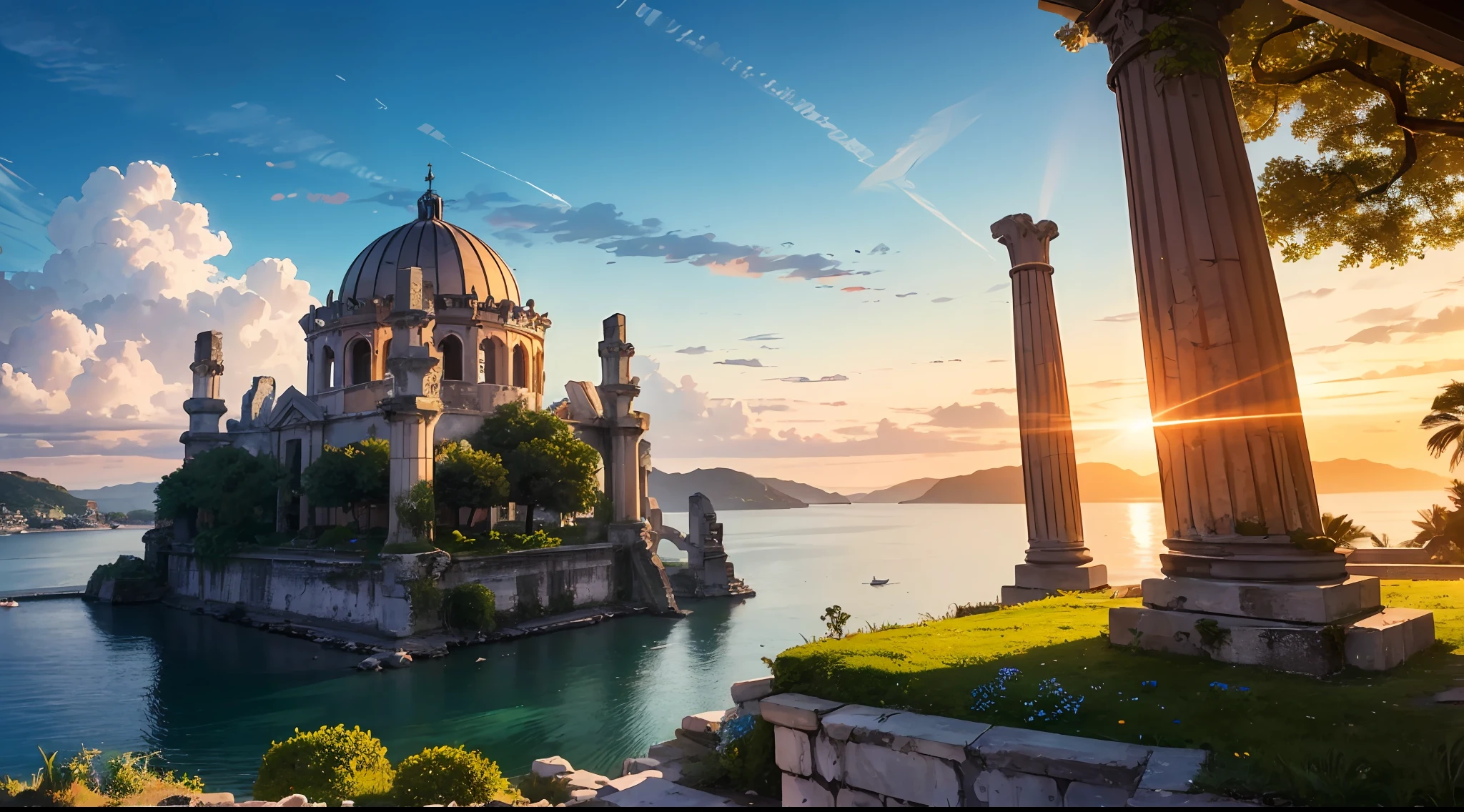 Dreaming of ethereal ancient palaces and majestic towers gracefully emerging from the mesmerizing depths of Baiae's bay, adorned with vibrant azure moss and efflorescent flowers, sunset