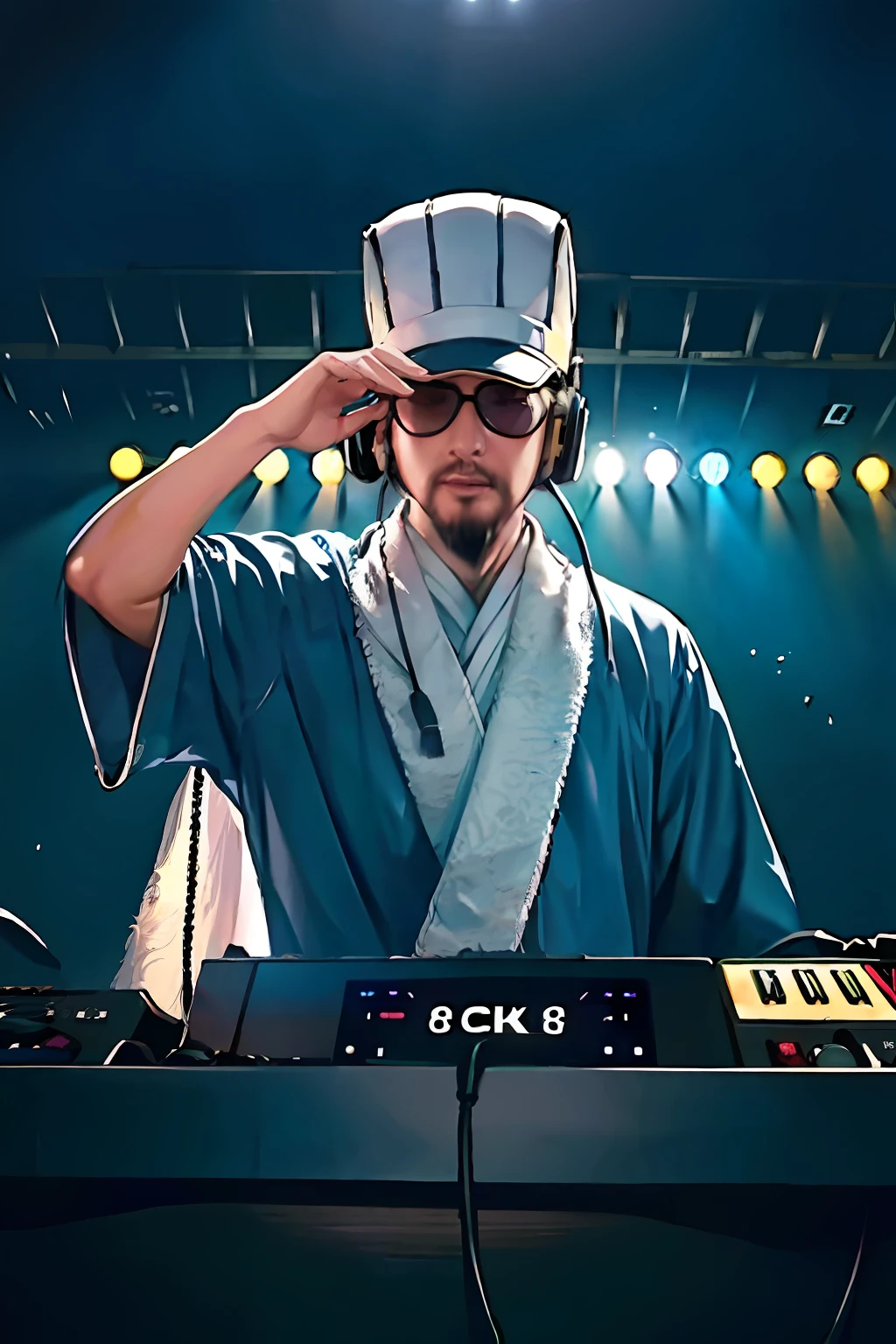 1boy,(8k, best quality, masterpiece:1.4), cow boy shot,
white chinese hat, chinese clothes, plume,white cloth,
(DJ:1.3), headphones, (headphones_around_neck), 
chemion glasses, sun glasses, led glasses, indoor,  club, (nightclub:1.3),  guy,