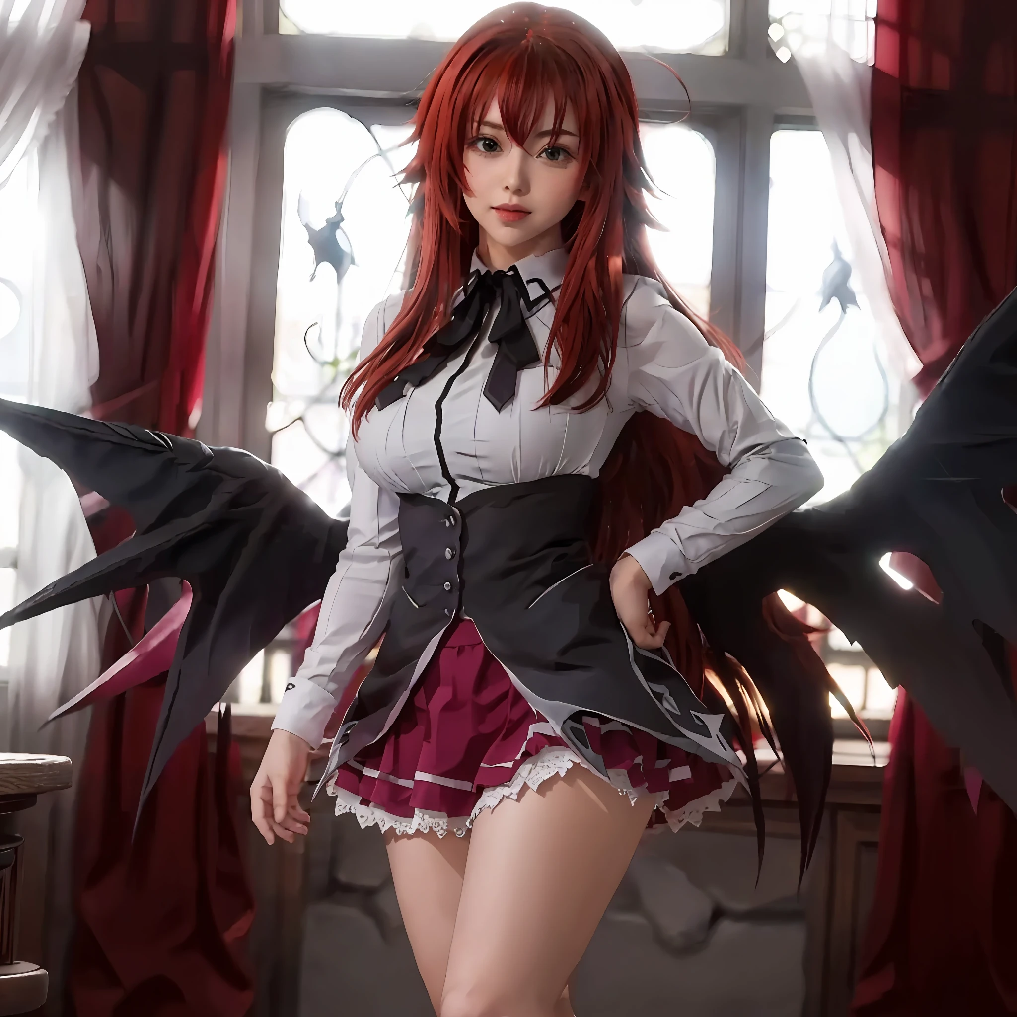 (Rias Gremory, cabelo vermelho, corpo musculoso, pernas definidas, intense illumination).