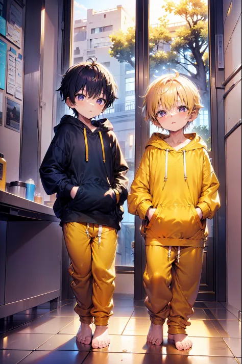 2 little boys with golden colored hair and shiny, glowing purple eyes and barefoot and small feet, who wear a yellow oversized h...