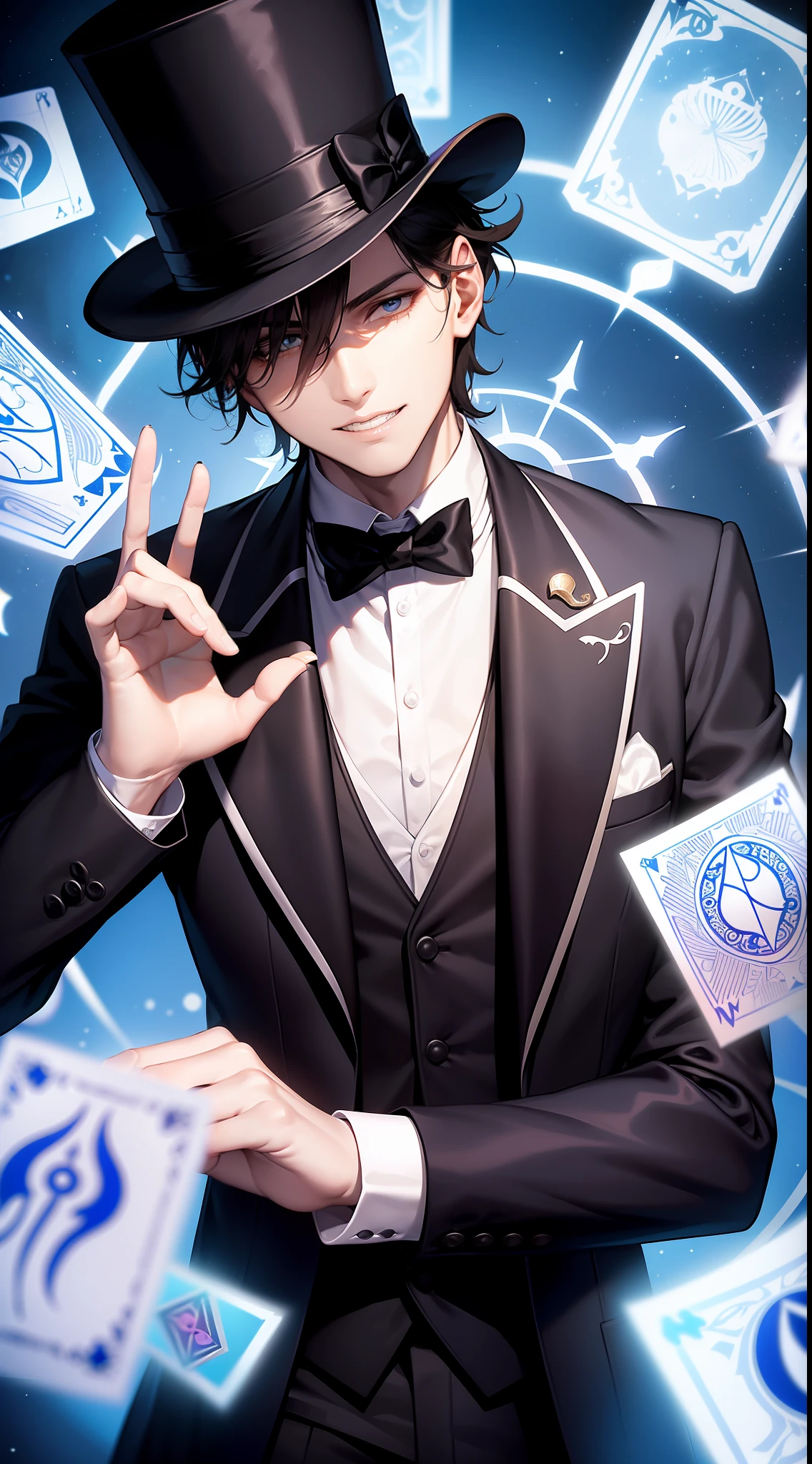 a magic wearing a suit and a top hat using a white mask with floating tarot cards surrounding him