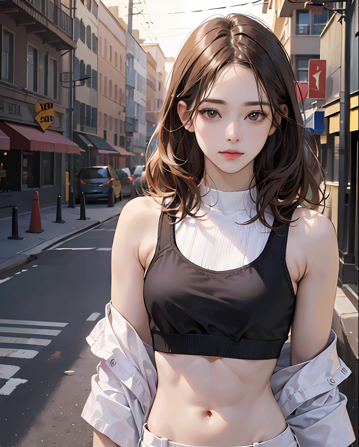 ((Realistic lighting、top-quality、8K、​masterpiece:1.3))、Clear focus:1.2、1girl in、Perfect figure:1.4、fullnude、Slim abs:1.1、((dark brown  hair))、(White crop top:1.4)、(outside of house、natta:1.1)、Street、Super fine face、Narrow-eyed、double eyelid、
