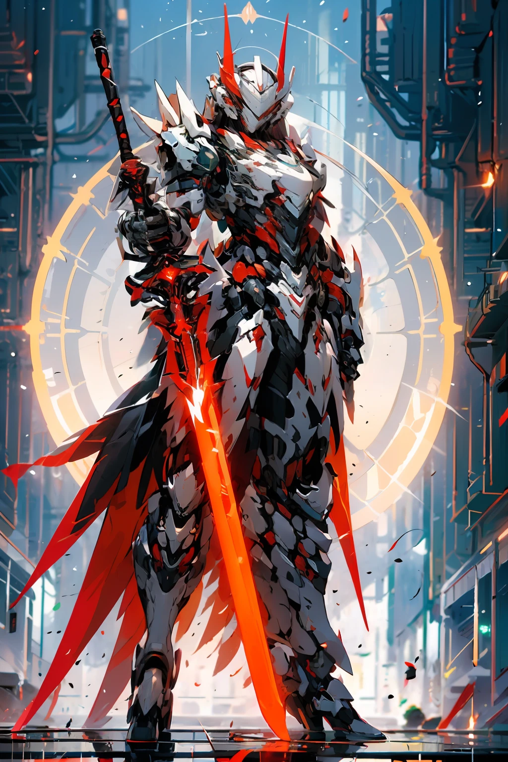 mecha_musume, 1 girl, long_hair, science_fiction, weapon, lightsaber, holding_sword, res_eyes, solo, headdress, holding_weapon, mecha, bust, red and black livery, angel halo, sad gaze, upper body, mermaid line, robot with red flames and black body holding red flames sword