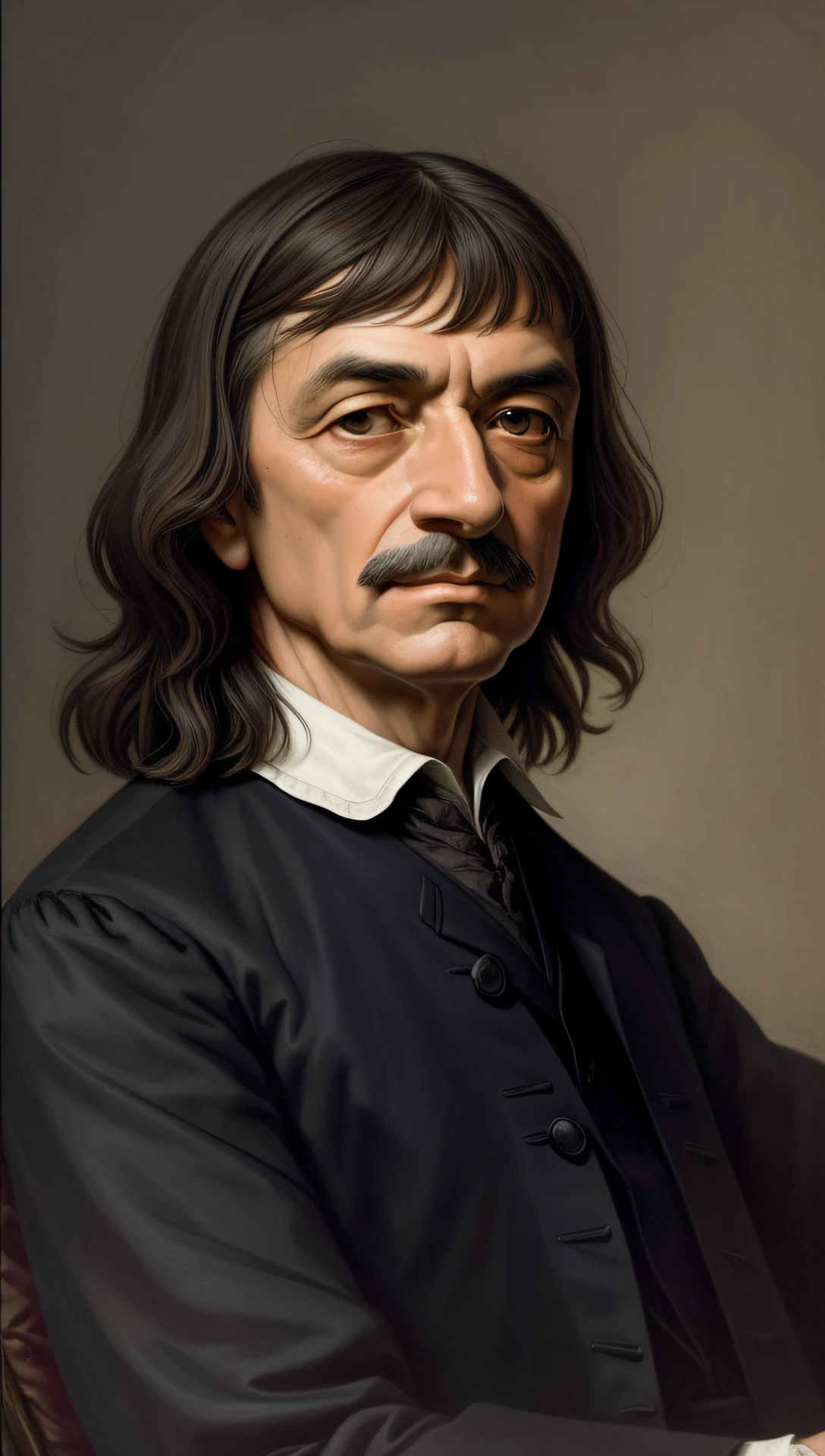 Por favor, create a visual representation of the renowned mathematician and philosopher René Descartes. Capturing your intellectual duality is key: Model the image with meticulous attention to detail, including its period dress and an environment that evokes its historical period. Descartes' face must convey his analytical and questioning mind, while his stance reflects his quest to unite reason and intuition. The image should symbolize Descartes' lasting influence on philosophy and mathematics.