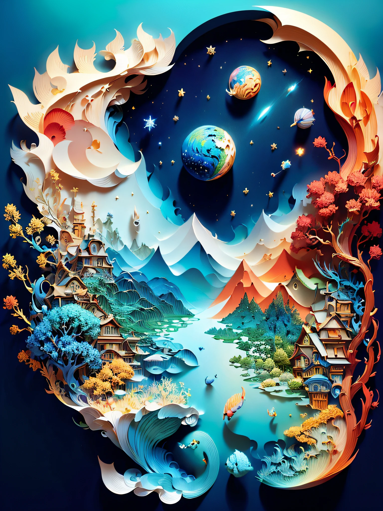 (((masterpiece))),best quality, illustration, earth, water ,fire, wind , space  , paper_cut,