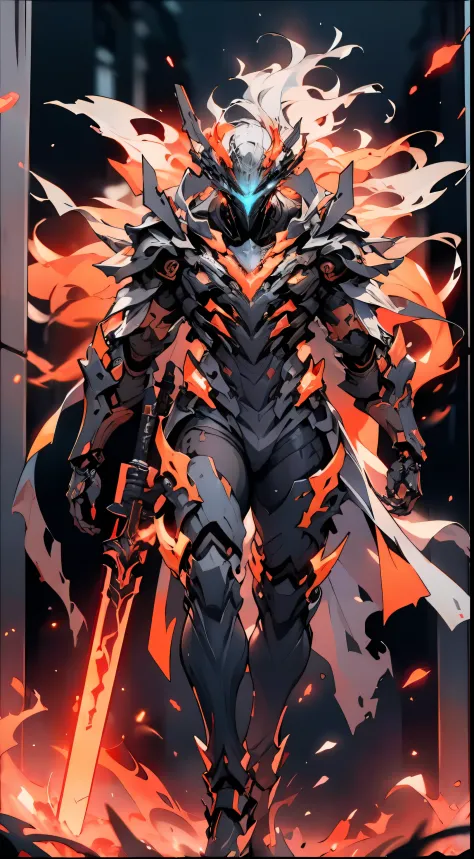 A mech, silver-white long ponytail and waist, V-shaped mechanical helmet, helmet eyes with red light, wearing a black sexy mech suit, white torn cape swaying in the wind, pull out a delicate red glowing sword: 1:1, standing in the flames with huge roaring ...
