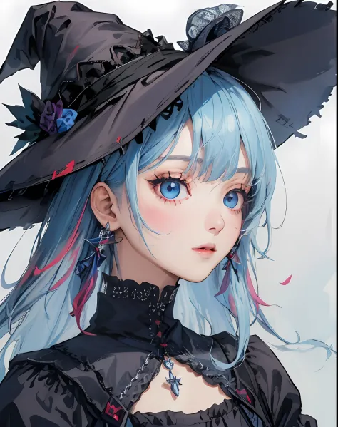 The Witch，Witch hat，Gothic skirt，Sky blue hair，ear jewelry，simplebackground，portraitures，delicated face，详细的脸，Pick dyeing，Pattern...