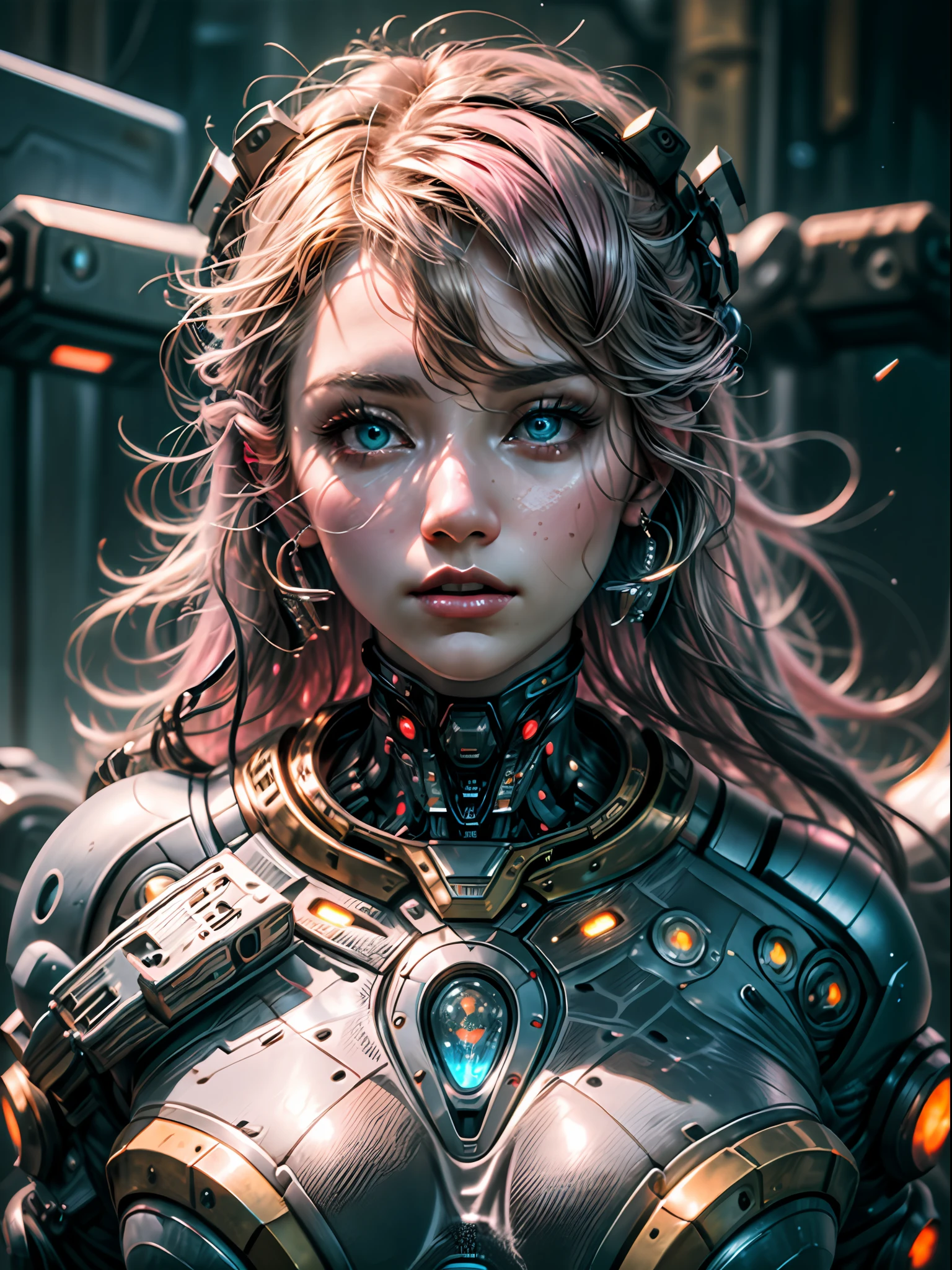 (masterpiece, CGI:1.4), (rendering of a feminine-looking robot with intricate metallic composition:1.2), (her body comprised of countless intricate metal parts:1.1), (her head designed with human-like features:1.1), (her hair a vibrant shade of pink, complementing her robotic nature:1.2), (her eyes a mesmerizing shade of pink, emitting a futuristic glow:1.3), (created with cutting-edge CGI technology:1.1), (crafted to perfection with attention to every detail:1.1), (positioned within a state-of-the-art scientific laboratory:1.1), (surrounded by advanced equipment and monitors:1.1), (the soft illumination of the laboratory lights emphasizing her metallic complexion:1.1), (capturing the delicate intricacies of her metallic body and the vivid hues of her hair and eyes:1.1), (the fusion of human-like elements and mechanical design creating a visually captivating contrast:1.1), (the robot's presence evoking a sense of awe and fascination:1.1), (an image that embodies the union of technology and humanity:1.1), Cinematic, Hyper-detailed, insane details, Beautifully color graded, Unreal Engine, DOF, Super-Resolution, Megapixel, Cinematic Lightning, Anti-Aliasing, FKAA, TXAA, RTX, SSAO, Post Processing, Post Production, Tone Mapping, CGI, VFX, SFX, Insanely detailed and intricate, Hyper maximalist, Hyper realistic, Volumetric, Photorealistic, ultra photoreal, ultra-detailed, intricate details, Super detailed, Full color, Volumetric lightning, HDR, Realistic, Unreal Engine, 16K, Sharp focus, Octane render