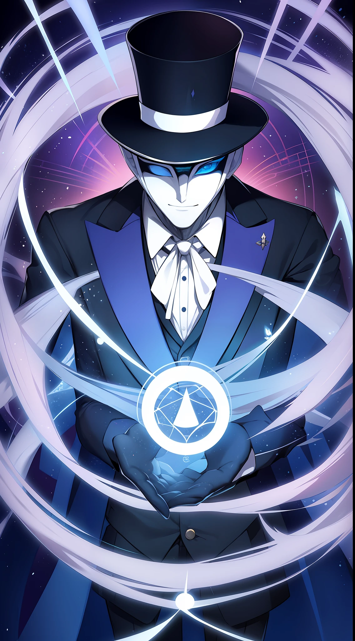 a magic wearing a suit and a top hat using a white マスク with floating tarot cards surrounding him, マスク with a hand drawing, マスク, マスクed, マスク hiding all the face